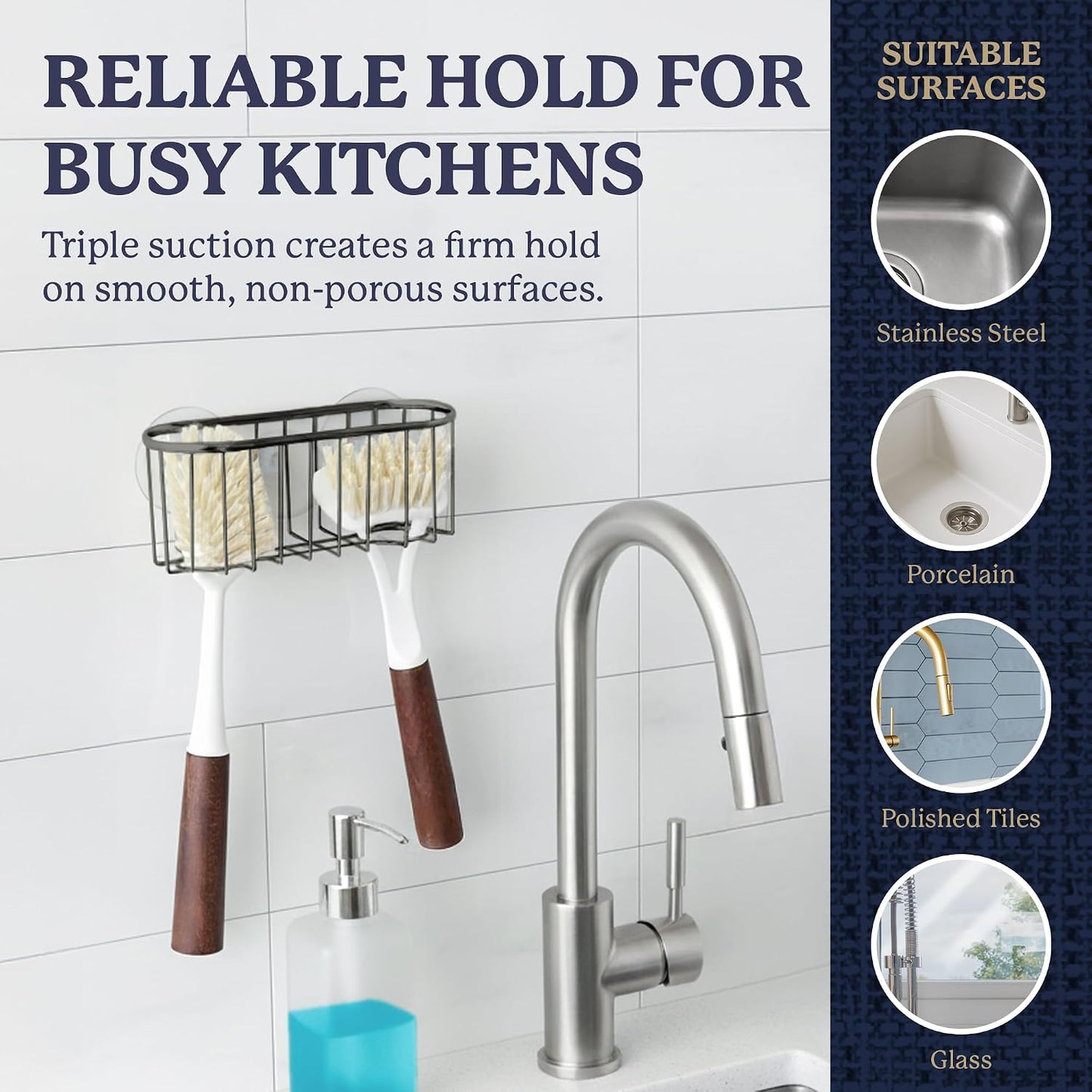 Farberware Metal Sponge Holder for Kitchen Sink, 7.13"x2.88"x3" | Triple suction cups grip steel, glass, or tile, open frame helps dry sponges faster, holds soap and brushes too