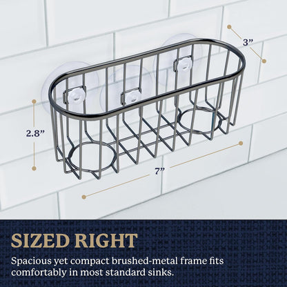 Farberware Metal Sponge Holder for Kitchen Sink, 7.13"x2.88"x3" | Triple suction cups grip steel, glass, or tile, open frame helps dry sponges faster, holds soap and brushes too