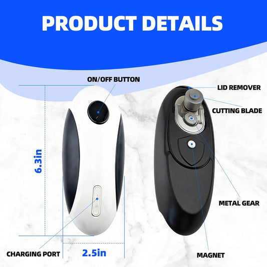 Kitchen Rechargeable Electric Can Opener, One-Touch Opening, Smooth Rim, USB-C Fast Charge, Senior Friendly, White, Hands-Free Design, Easy to Grip and Fits Most Cans