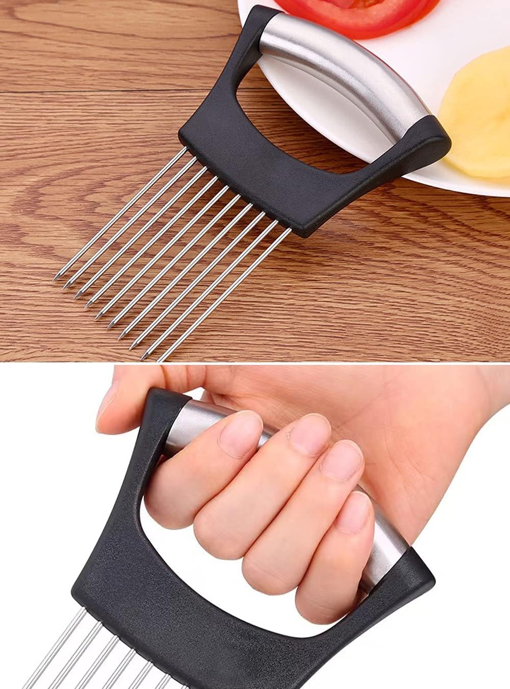 Onion Cut Tomato Slicer Lemon Handy Kitchen Slicing Tool With 10 Even Prongs For Onion Lemon Potato Tomato Slices And Can Be Used To Assist In Cutting Fish, Meat Or Loosen Meat (Black)