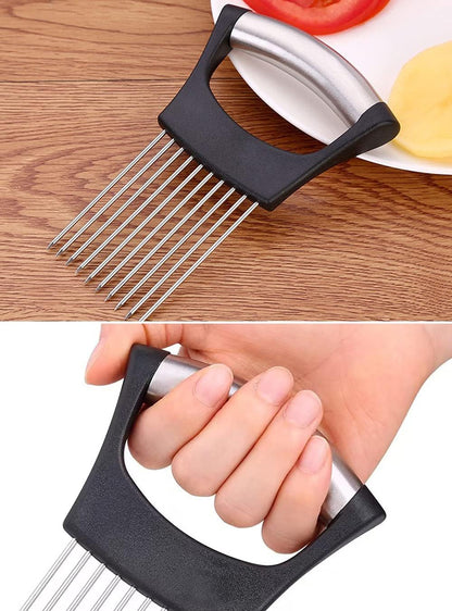 Onion Cut Tomato Slicer Lemon Handy Kitchen Slicing Tool With 10 Even Prongs For Onion Lemon Potato Tomato Slices And Can Be Used To Assist In Cutting Fish, Meat Or Loosen Meat (Black)