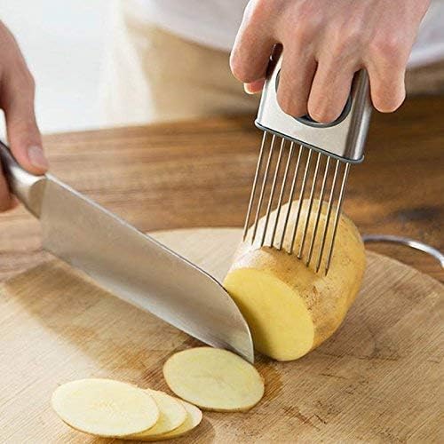 Onion Cut Tomato Slicer Lemon Handy Kitchen Slicing Tool With 10 Even Prongs For Onion Lemon Potato Tomato Slices And Can Be Used To Assist In Cutting Fish, Meat Or Loosen Meat (Black)