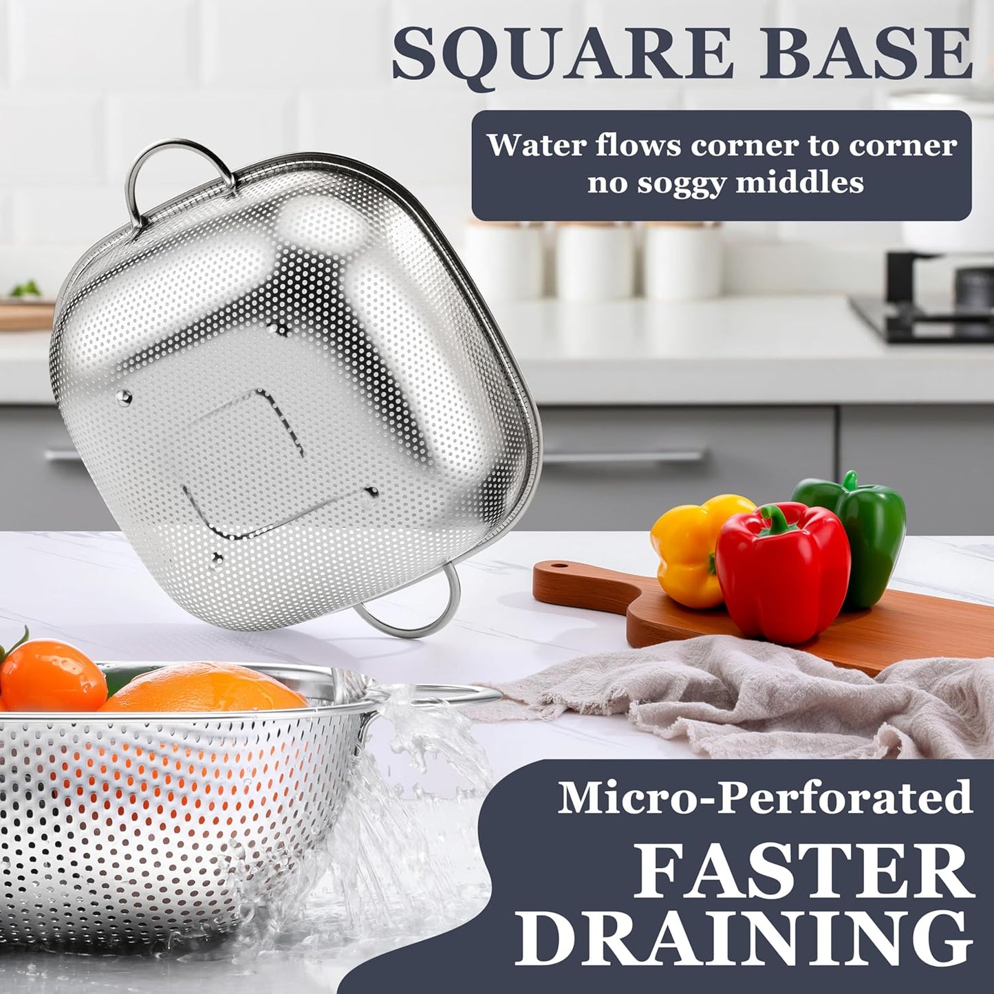 3 Pack Colander for Kitchen, Square Stainless Steel Metal Strainer Colander with Handle for Draining Food Pasta Vegetable, Micro-Perforated & Elevated Feet, Dishwasher Safe(2.4/4/6QT)