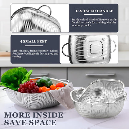 3 Pack Colander for Kitchen, Square Stainless Steel Metal Strainer Colander with Handle for Draining Food Pasta Vegetable, Micro-Perforated & Elevated Feet, Dishwasher Safe(2.4/4/6QT)