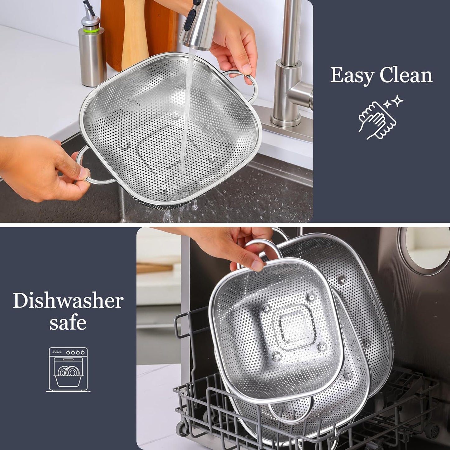 3 Pack Colander for Kitchen, Square Stainless Steel Metal Strainer Colander with Handle for Draining Food Pasta Vegetable, Micro-Perforated & Elevated Feet, Dishwasher Safe(2.4/4/6QT)