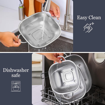 3 Pack Colander for Kitchen, Square Stainless Steel Metal Strainer Colander with Handle for Draining Food Pasta Vegetable, Micro-Perforated & Elevated Feet, Dishwasher Safe(2.4/4/6QT)
