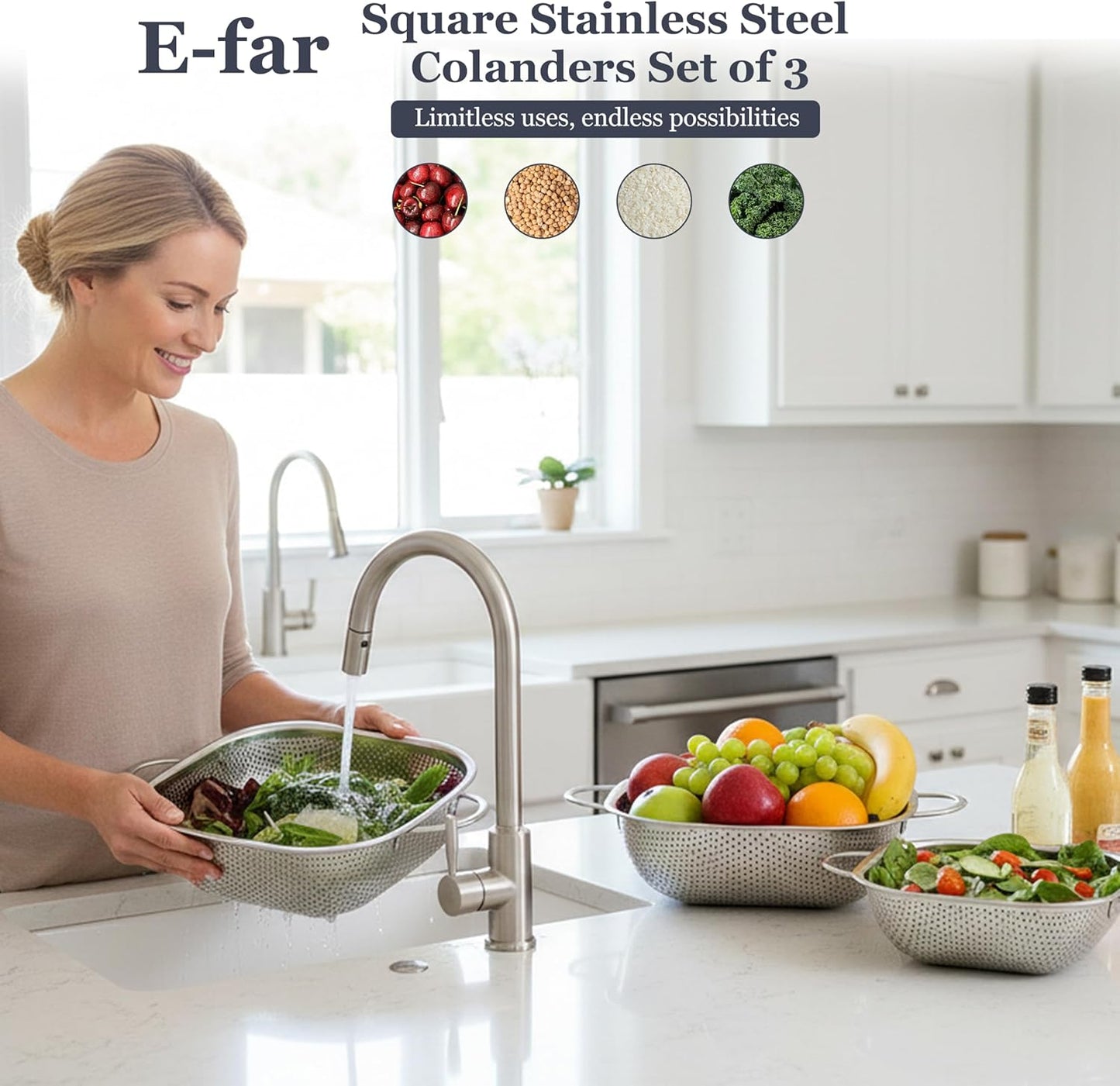 3 Pack Colander for Kitchen, Square Stainless Steel Metal Strainer Colander with Handle for Draining Food Pasta Vegetable, Micro-Perforated & Elevated Feet, Dishwasher Safe(2.4/4/6QT)