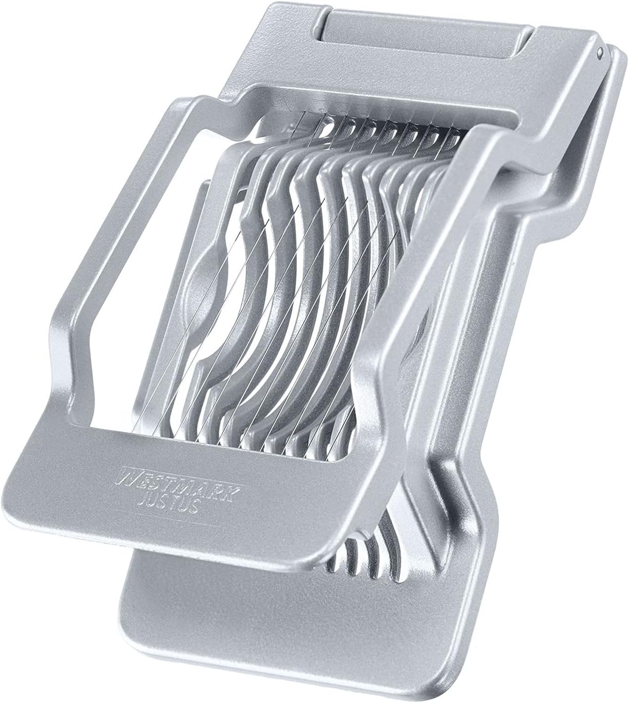 Egg Slicer Justus for Hard Boiled Eggs with Individually Tensioned Stainless Steel Wire Cutters, German Heavy Duty Aluminium Slicer for Round & Oval Eggs, Dishwasher Safe, Grey