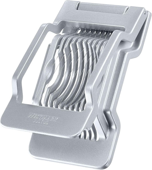 Egg Slicer Justus for Hard Boiled Eggs with Individually Tensioned Stainless Steel Wire Cutters, German Heavy Duty Aluminium Slicer for Round & Oval Eggs, Dishwasher Safe, Grey
