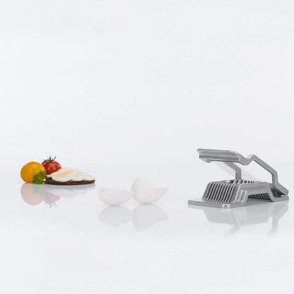 Egg Slicer Justus for Hard Boiled Eggs with Individually Tensioned Stainless Steel Wire Cutters, German Heavy Duty Aluminium Slicer for Round & Oval Eggs, Dishwasher Safe, Grey