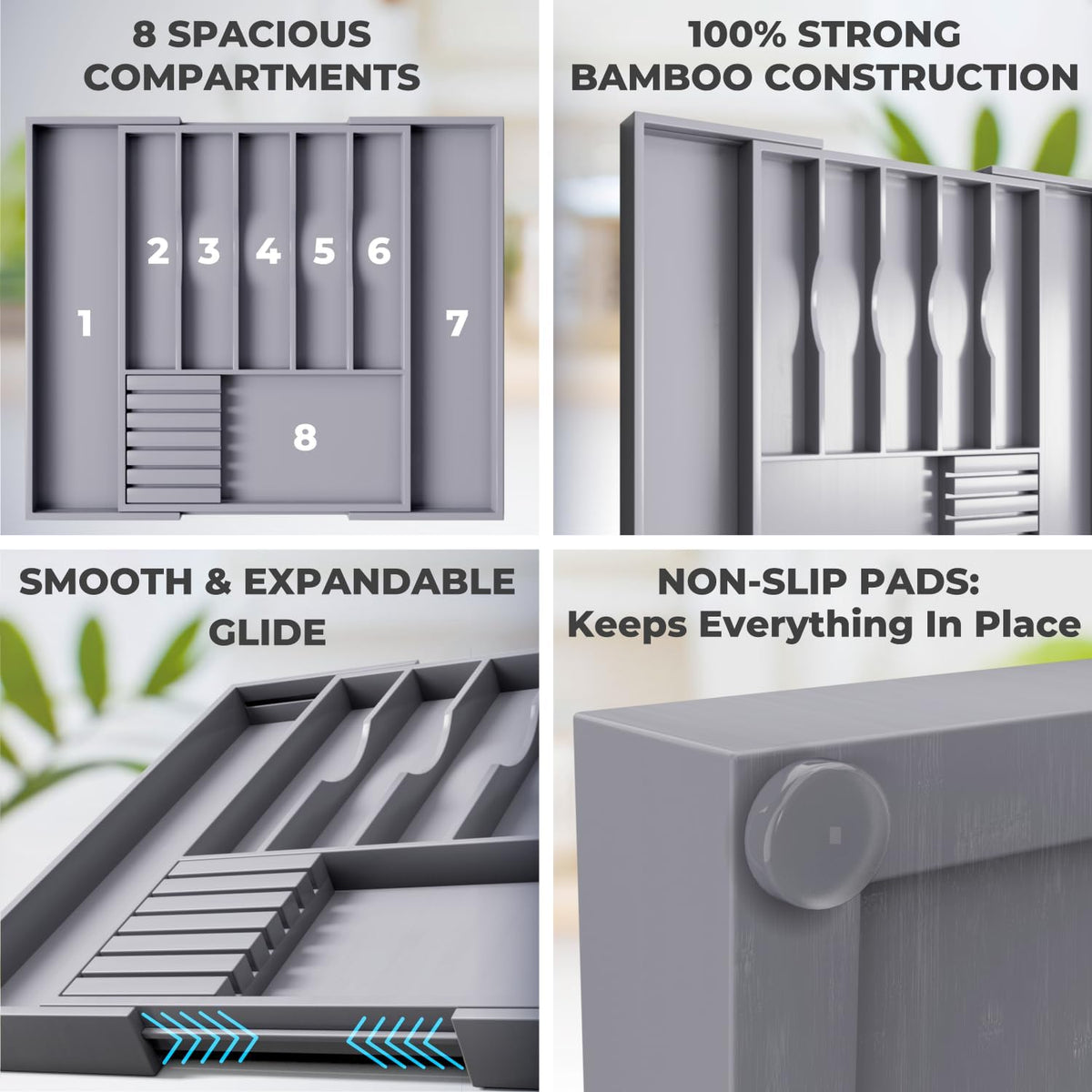 Premium Expandable Kitchen Drawer Organizer - 100% Bamboo Organizer Tray - Great for Silverware, Large Utensils, Flatware, Cutlery - 8 Compartments with Knife Block - Perfectly Fits Your Drawers