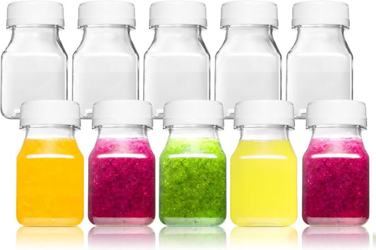 Norcalway 10pcs 2oz Plastic Shot Bottles with Caps - Ginger Shot - Freezer Safe, Leak Proof, BPA Free, Food Grade Small Plastic Travel Bottles with Caps