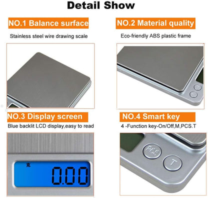 Digital Kitchen Scale,High Precision Stainless Steel Multifunction Food Scale Grams and Ounces Back-Lit LCD Display Small Pocket Jewelry Scales Auto Off,Tare,PCS,UNTS/Mode (500g/0.01g)