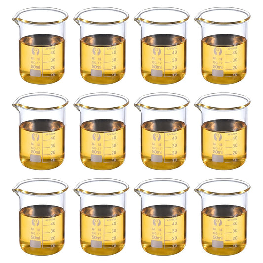 50ml Low Form Glass Beaker, 12 Pack 3.3 Borosilicate Glass Graduated Printed Scale Measuring Cups with Spout for Kitchen Lab Liquids
