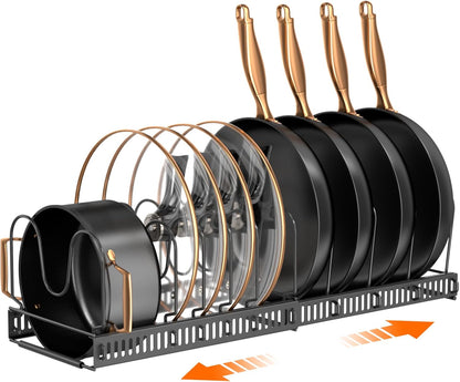 Pots and Pans Organizer Rack for under Cabinet, Expandable 11.81''-22.85'' Pot Lid Kitchen Cabinet Organizer Holder with 10 Adjustable Compartment Cutting Board Organizer for Pan Lid, Bakeware
