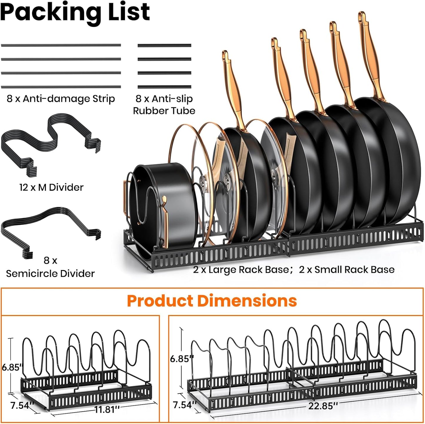 Pots and Pans Organizer Rack for under Cabinet, Expandable 11.81''-22.85'' Pot Lid Kitchen Cabinet Organizer Holder with 10 Adjustable Compartment Cutting Board Organizer for Pan Lid, Bakeware
