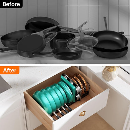 Pots and Pans Organizer Rack for under Cabinet, Expandable 11.81''-22.85'' Pot Lid Kitchen Cabinet Organizer Holder with 10 Adjustable Compartment Cutting Board Organizer for Pan Lid, Bakeware