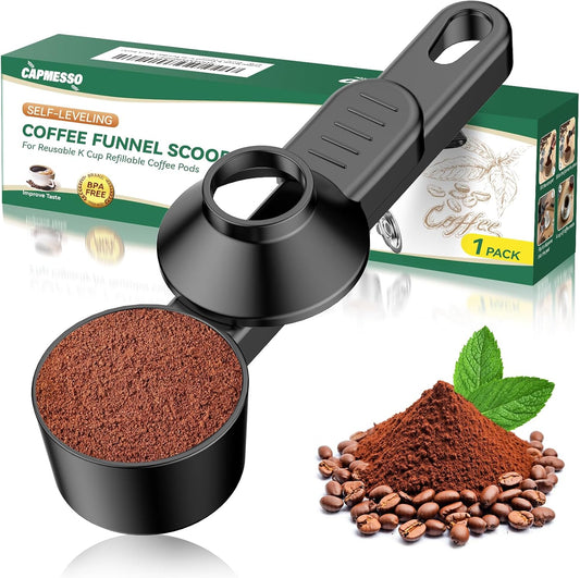 Coffee Scoop for Reusable K Cup: Funnel Easy Filling Coffee Pods | Easy Filling with Less Mess - 2 Tablespoon Scoop with Sliding Leveler and Integrated Funnel for Cleaner and Faster Refilling