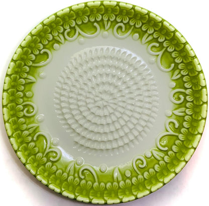 Premium Ceramic Garlic Grater Plate Set - Green Embossed | Includes 5.25" Plate, Peeler, Brush, and Stand - For Strawberries, Ginger, Chocolate, Cheese, and more - Make your own puree!