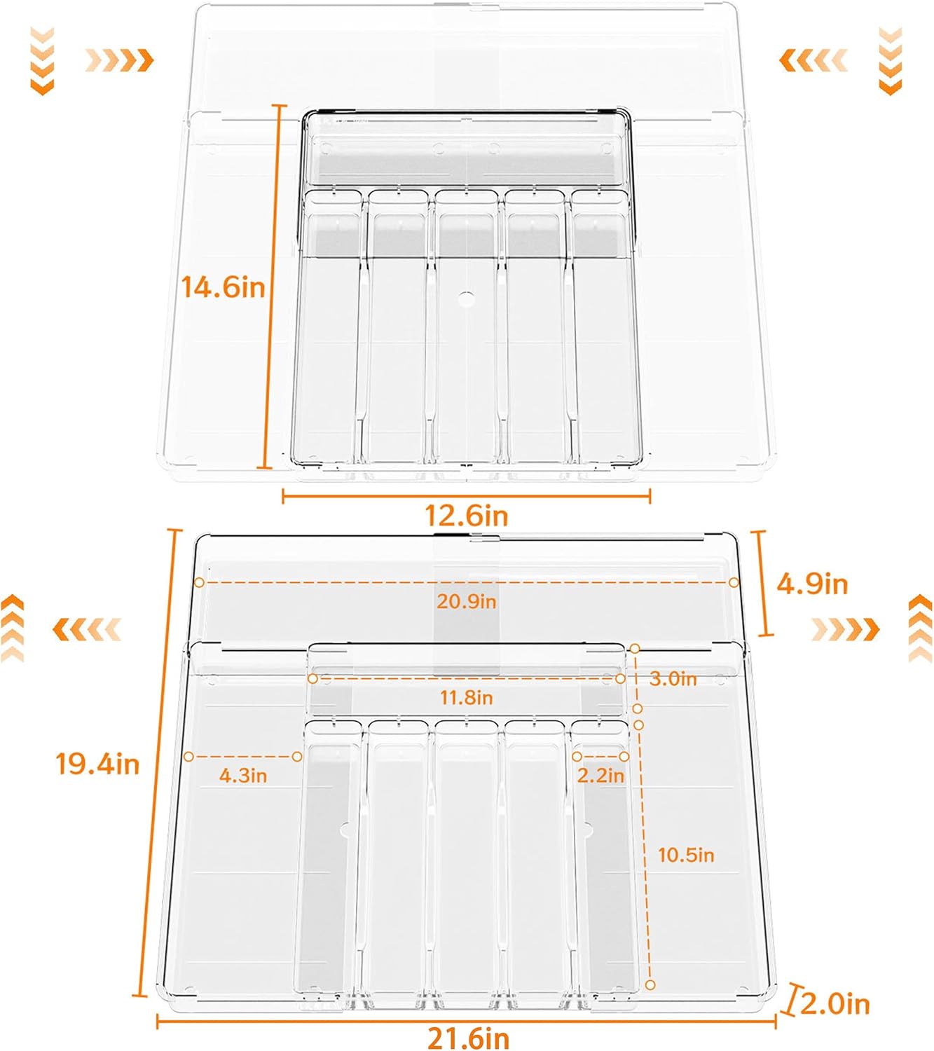 BPA-Free Expandable Utensil Drawer Organizer - Clear Plastic Adjustable Storage Tray for Kitchen Flatware, Knives, Forks and Spoons