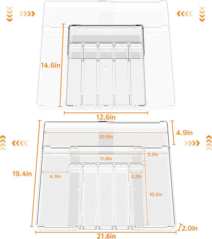 BPA-Free Expandable Utensil Drawer Organizer - Clear Plastic Adjustable Storage Tray for Kitchen Flatware, Knives, Forks and Spoons
