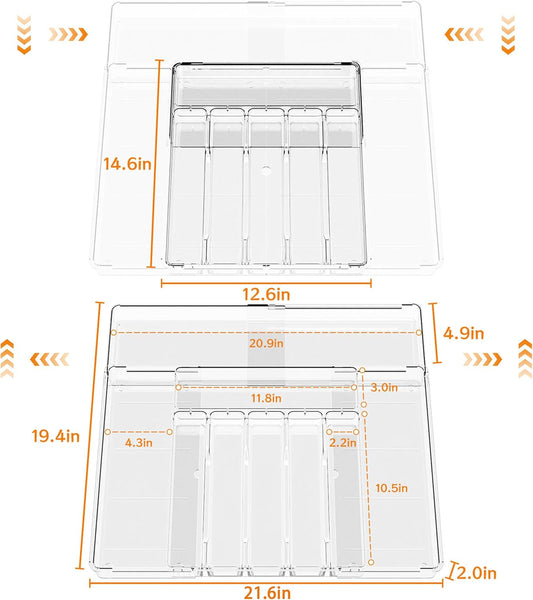 BPA-Free Expandable Utensil Drawer Organizer - Clear Plastic Adjustable Storage Tray for Kitchen Flatware, Knives, Forks and Spoons