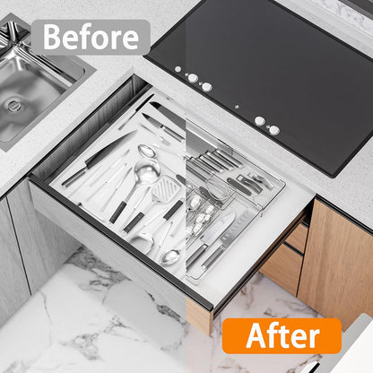 BPA-Free Expandable Utensil Drawer Organizer - Clear Plastic Adjustable Storage Tray for Kitchen Flatware, Knives, Forks and Spoons