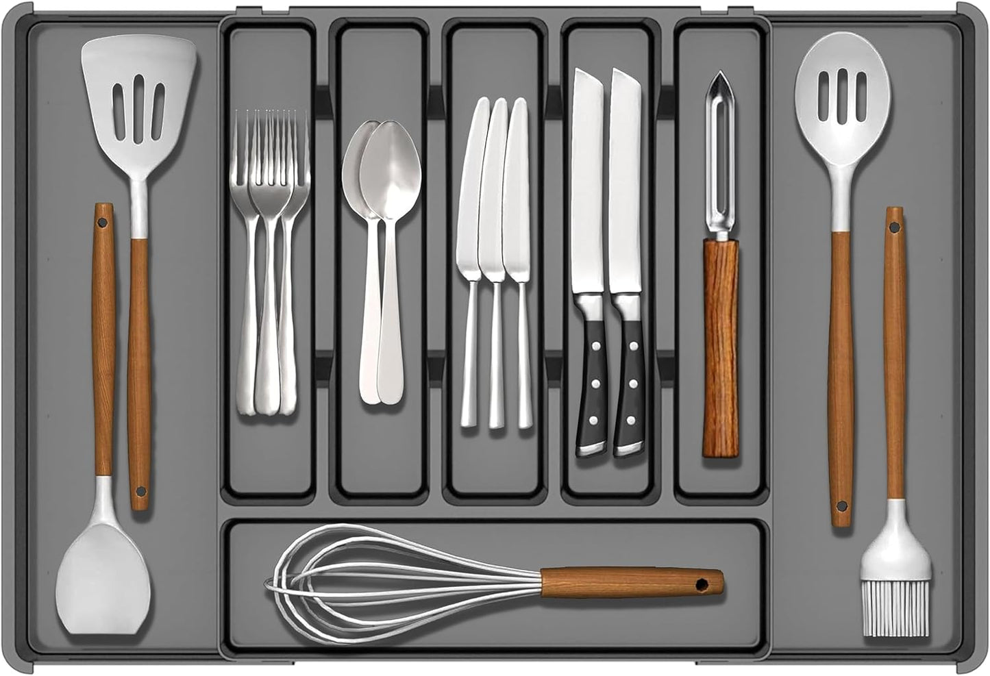 BPA-Free Expandable Utensil Drawer Organizer - Clear Plastic Adjustable Storage Tray for Kitchen Flatware, Knives, Forks and Spoons
