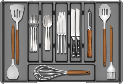 BPA-Free Expandable Utensil Drawer Organizer - Clear Plastic Adjustable Storage Tray for Kitchen Flatware, Knives, Forks and Spoons