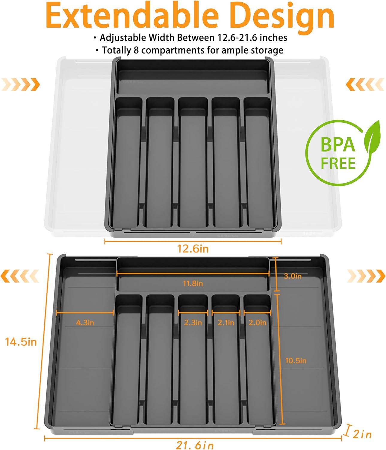 BPA-Free Expandable Utensil Drawer Organizer - Clear Plastic Adjustable Storage Tray for Kitchen Flatware, Knives, Forks and Spoons