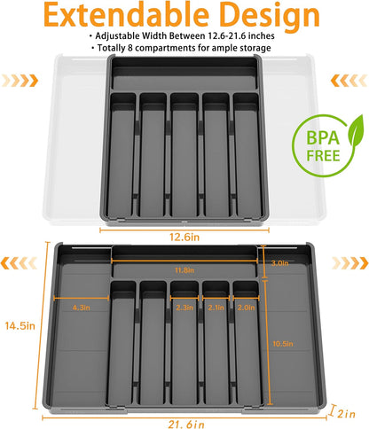 BPA-Free Expandable Utensil Drawer Organizer - Clear Plastic Adjustable Storage Tray for Kitchen Flatware, Knives, Forks and Spoons
