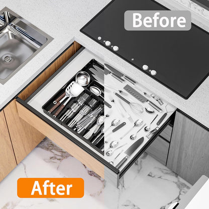 BPA-Free Expandable Utensil Drawer Organizer - Clear Plastic Adjustable Storage Tray for Kitchen Flatware, Knives, Forks and Spoons