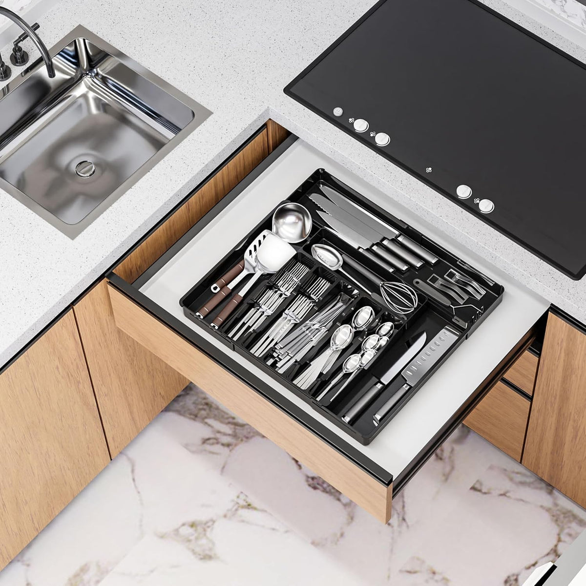 BPA-Free Expandable Utensil Drawer Organizer - Clear Plastic Adjustable Storage Tray for Kitchen Flatware, Knives, Forks and Spoons