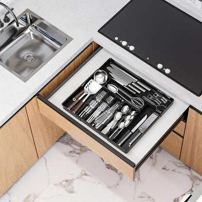 BPA-Free Expandable Utensil Drawer Organizer - Clear Plastic Adjustable Storage Tray for Kitchen Flatware, Knives, Forks and Spoons