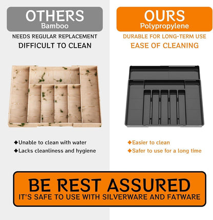 BPA-Free Expandable Utensil Drawer Organizer - Clear Plastic Adjustable Storage Tray for Kitchen Flatware, Knives, Forks and Spoons