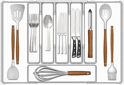 BPA-Free Expandable Utensil Drawer Organizer - Clear Plastic Adjustable Storage Tray for Kitchen Flatware, Knives, Forks and Spoons