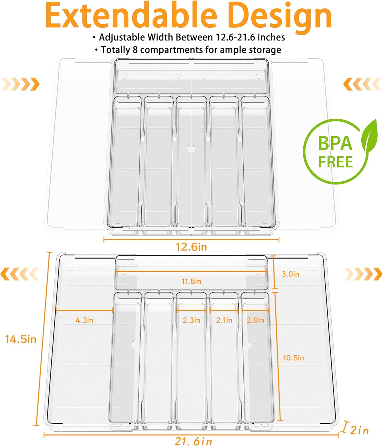 BPA-Free Expandable Utensil Drawer Organizer - Clear Plastic Adjustable Storage Tray for Kitchen Flatware, Knives, Forks and Spoons