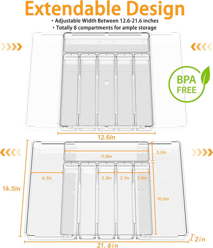 BPA-Free Expandable Utensil Drawer Organizer - Clear Plastic Adjustable Storage Tray for Kitchen Flatware, Knives, Forks and Spoons