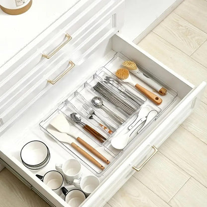 BPA-Free Expandable Utensil Drawer Organizer - Clear Plastic Adjustable Storage Tray for Kitchen Flatware, Knives, Forks and Spoons