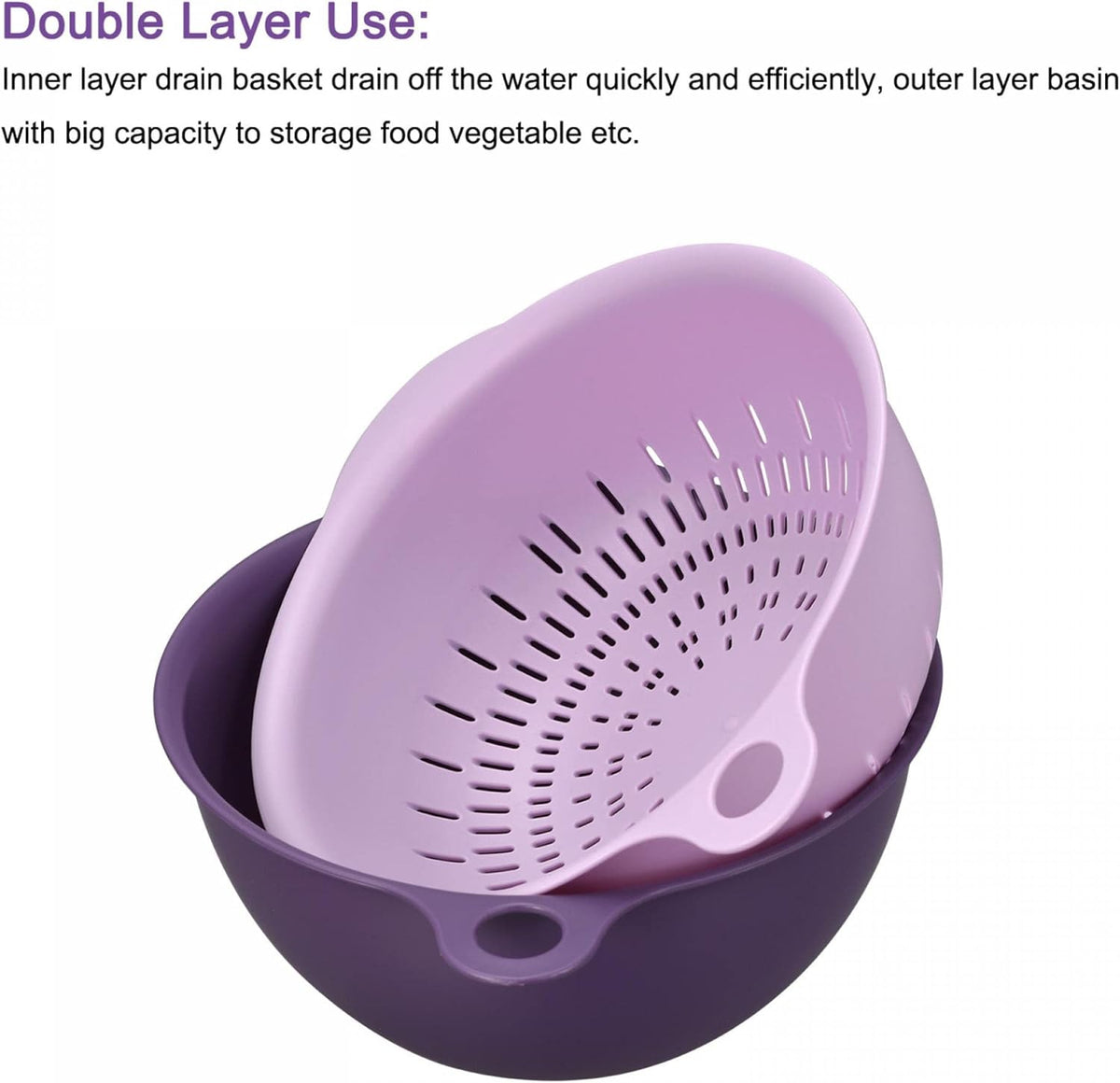 Kitchen Strainer Colander Bowl Set, Medium Double Layer Drain Basin and Basket Suitable for Fruits, Vegetables, Pasta, Cleaning Washing - Purple
