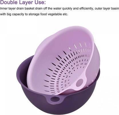 Kitchen Strainer Colander Bowl Set, Medium Double Layer Drain Basin and Basket Suitable for Fruits, Vegetables, Pasta, Cleaning Washing - Purple