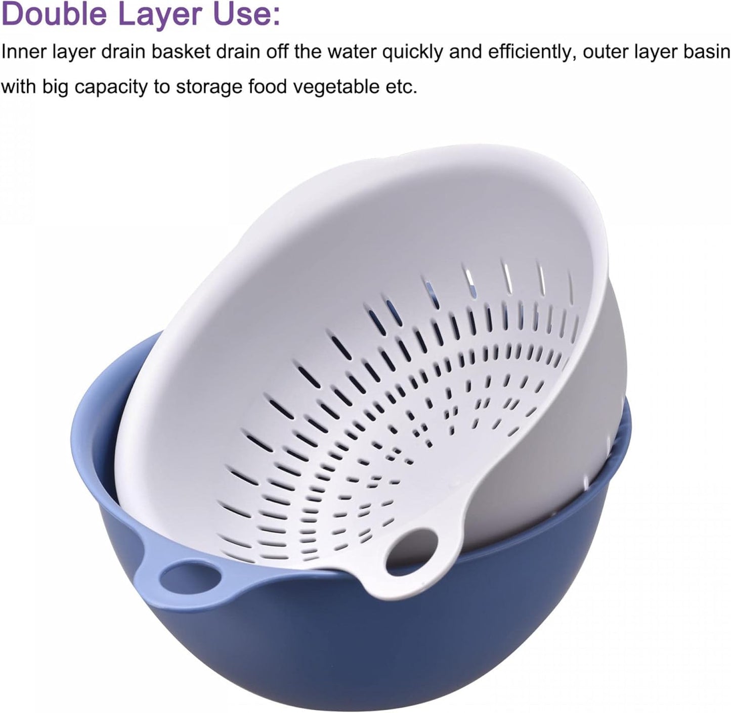 Kitchen Strainer Colander Bowl Set, Medium Double Layer Drain Basin and Basket Suitable for Fruits, Vegetables, Pasta, Cleaning Washing - Purple