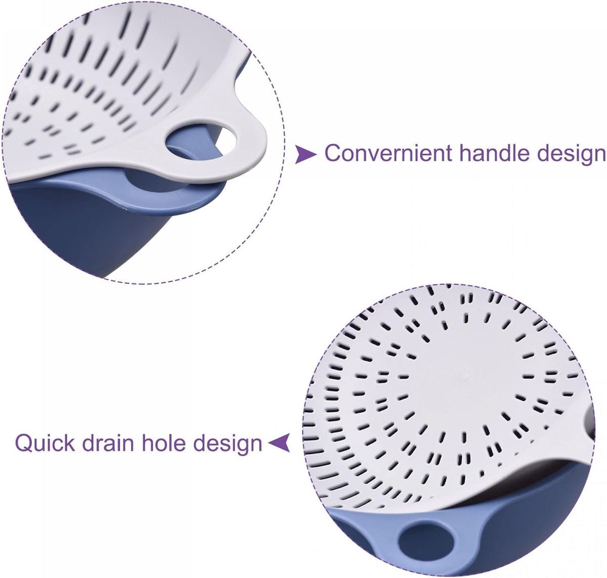 Kitchen Strainer Colander Bowl Set, Medium Double Layer Drain Basin and Basket Suitable for Fruits, Vegetables, Pasta, Cleaning Washing - Purple