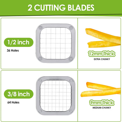Manual French Fry Cutter for Potatoes with Interchangeable Blades, Handheld Stainless Steel Potato Slicer and Fries Cutter for Home and Commercial Use (1/2'' & 3/8'' Blade)