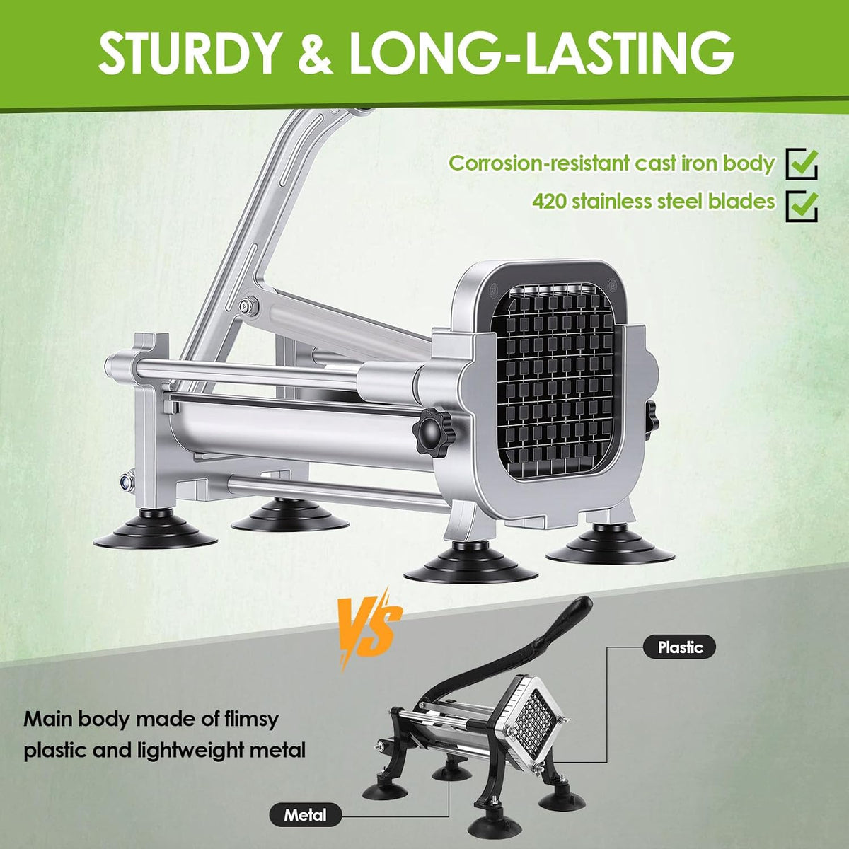 Manual French Fry Cutter for Potatoes with Interchangeable Blades, Handheld Stainless Steel Potato Slicer and Fries Cutter for Home and Commercial Use (1/2'' & 3/8'' Blade)