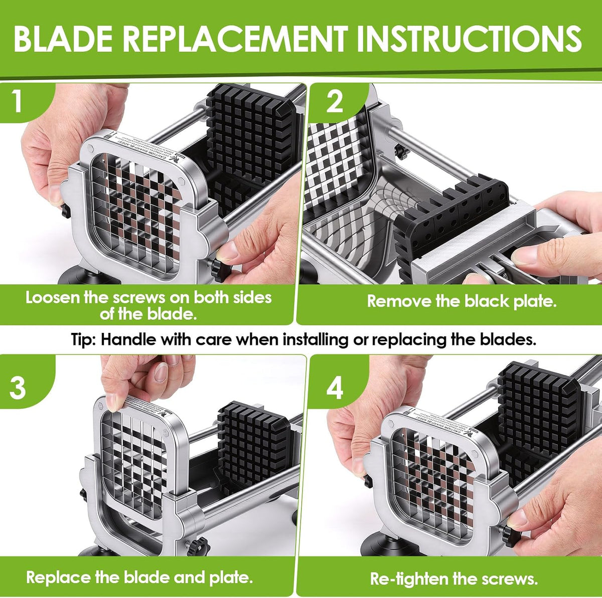 Manual French Fry Cutter for Potatoes with Interchangeable Blades, Handheld Stainless Steel Potato Slicer and Fries Cutter for Home and Commercial Use (1/2'' & 3/8'' Blade)
