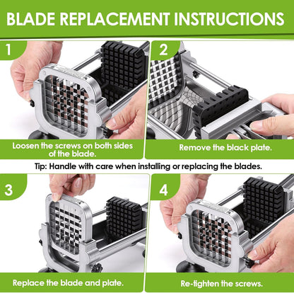 Manual French Fry Cutter for Potatoes with Interchangeable Blades, Handheld Stainless Steel Potato Slicer and Fries Cutter for Home and Commercial Use (1/2'' & 3/8'' Blade)