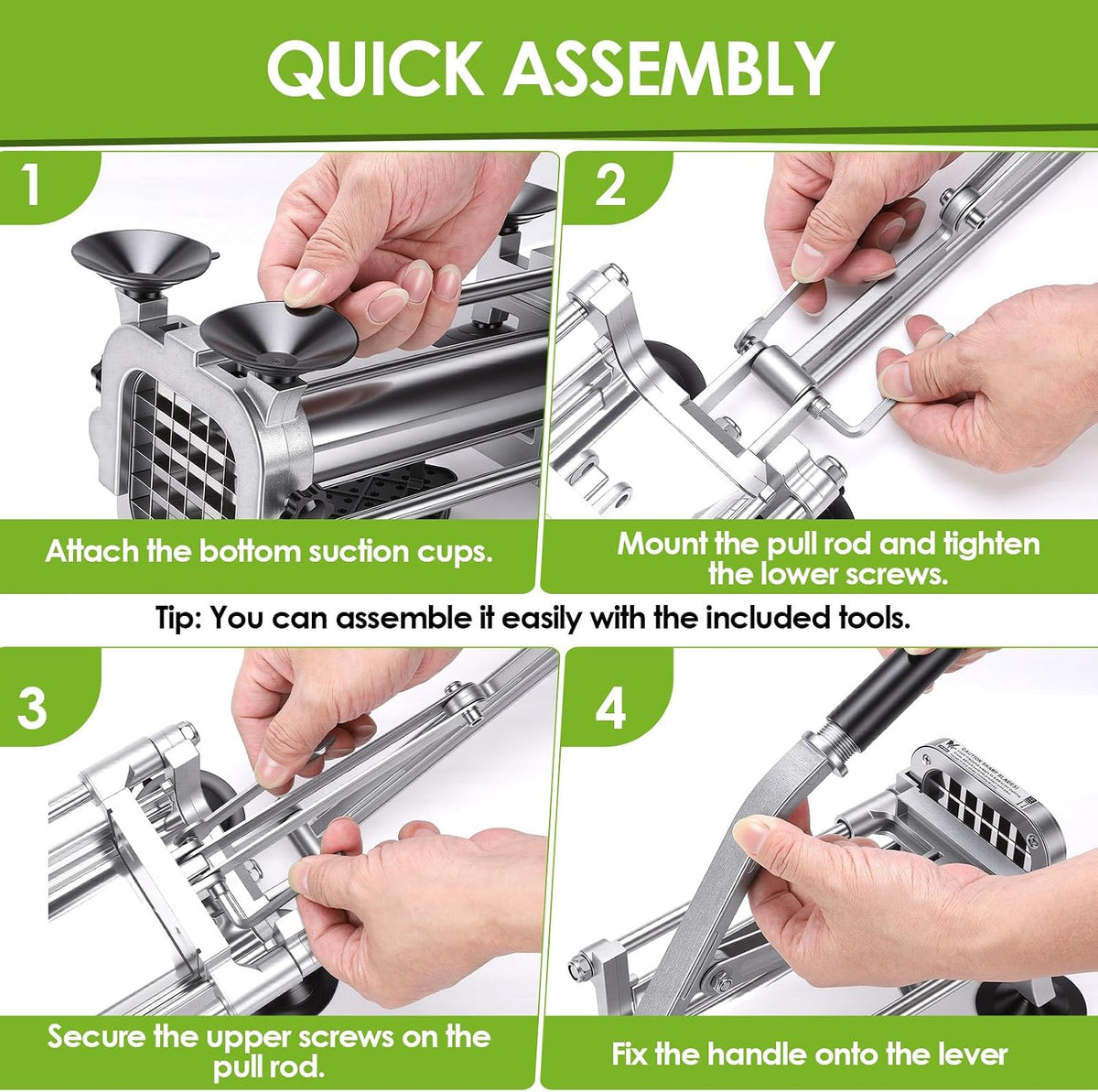 Manual French Fry Cutter for Potatoes with Interchangeable Blades, Handheld Stainless Steel Potato Slicer and Fries Cutter for Home and Commercial Use (1/2'' & 3/8'' Blade)