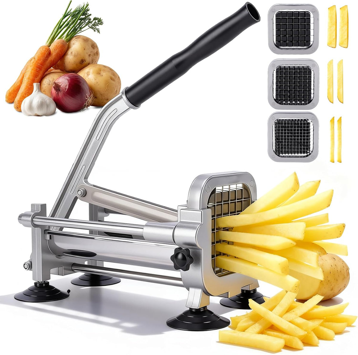 Manual French Fry Cutter for Potatoes with Interchangeable Blades, Handheld Stainless Steel Potato Slicer and Fries Cutter for Home and Commercial Use (1/2'' & 3/8'' Blade)