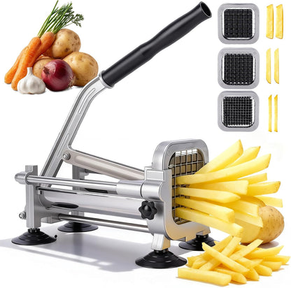 Manual French Fry Cutter for Potatoes with Interchangeable Blades, Handheld Stainless Steel Potato Slicer and Fries Cutter for Home and Commercial Use (1/2'' & 3/8'' Blade)
